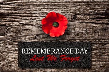 The remembrance poppy - poppy appeal. Poppy flower on old wooden background. Decorative flower for Remembrance Day, Memorial Day, Anzac Day in New Zealand, Australia, Canada and Great Britain.