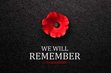The remembrance poppy - poppy appeal. Poppy flower on black textured background. Decorative flower for Remembrance Day, Memorial Day, Anzac Day in New Zealand, Australia, Canada and Great Britain.