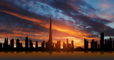 Birleşik Arap Emirlikleri, gün batımında Dubai silueti manzarası. BAE kutlaması. Ulusal Gün, Bayrak Günü, Anma Günü, Şehitler Günü.