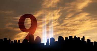 September 11 Tribute In Light Art Installation in the Lower Manhattan New York City Skyline at Sunset. 9.11 date concept. American Patriot Day banner.