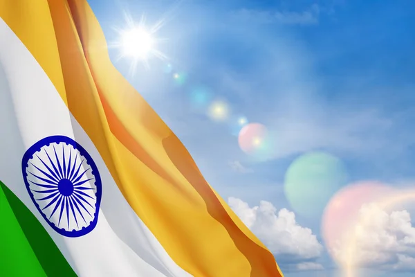 Waving India flag on blue cloudy sky. Background with place for your text. Indian independence day, 15 August. 3d-rendering.
