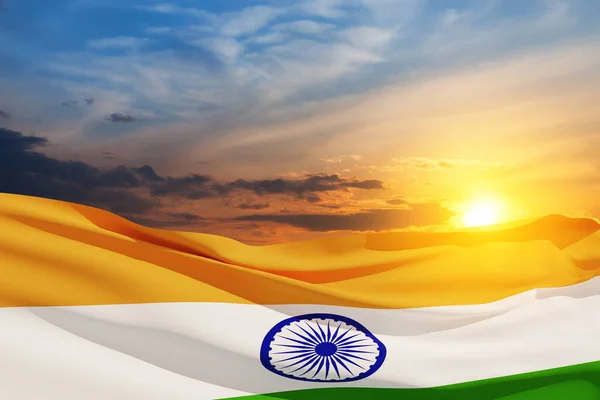 Розмахування Прапором Індії Заході Сонця Таблиця Місцем Тексту День Незалежності — стокове фото