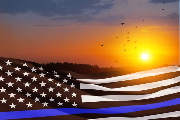 American flag with police support symbol Thin blue line on sunset sky with birds. Police in society as the force which holds back chaos, allowing order and civilization to thrive. 3d-rendering.