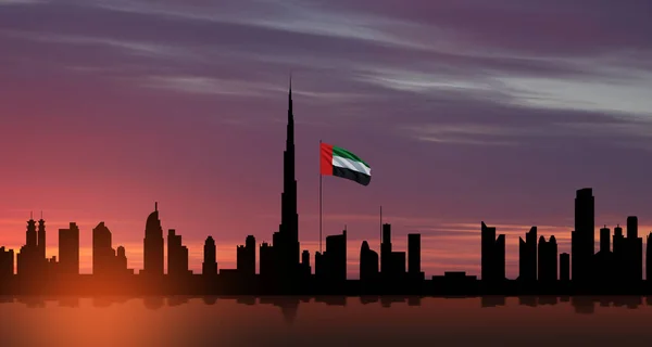 Drapeau Des Émirats Arabes Unis Vue Sur Dubaï Coucher Soleil — Photo