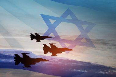 Aircraft silhouettes on background of sunset with a transparent waving Israel flag. Military aircraft. Independence day. Air Force Day.