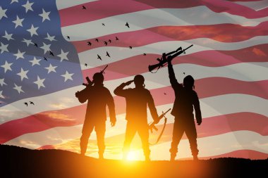 USA army soldiers on a background of sunset or sunrise and USA flag. Greeting card for Veterans Day, Memorial Day, Independence Day. America celebration. 3D-rendering.