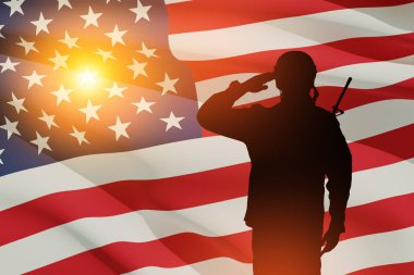 USA army soldier saluting on a background of sunset or sunrise and USA flag. Greeting card for Veterans Day, Memorial Day, Independence Day. America celebration. Closeup. 3D-rendering.