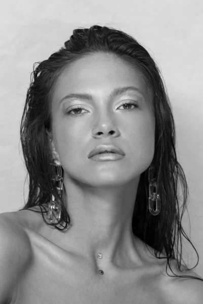 Close Portrait Beautiful Woman Purity Face Model Clean Shiny Skin — Stock Photo, Image