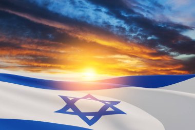 Israel flag with a star of David over cloudy sky background on sunset. Patriotic concept about Israel with national state symbols. Banner with place for text.