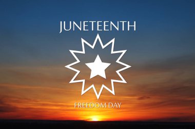 Juneteenth Flag Symbol with sunrise or sunset. Since 1865. Design of Banner with place for text.