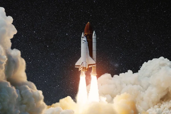 Spaceship Lift Space Shuttle Smoke Blast Takes Starry Sky Rocket — Foto Stock