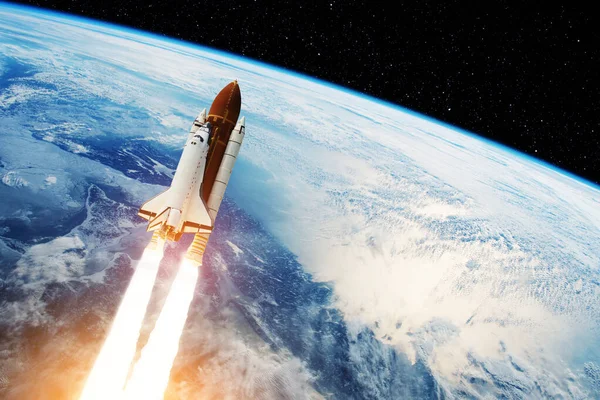 Spaceship Lift Space Shuttle Smoke Blast Takes Starry Sky Rocket — Stock fotografie