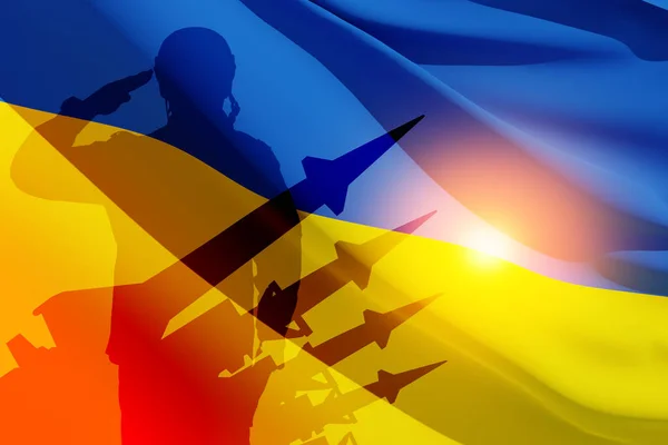 Silueta Soldado Ucraniano Uniformes Misiles Fondo Bandera Ucrania Concepto Reclutamiento — Foto de Stock