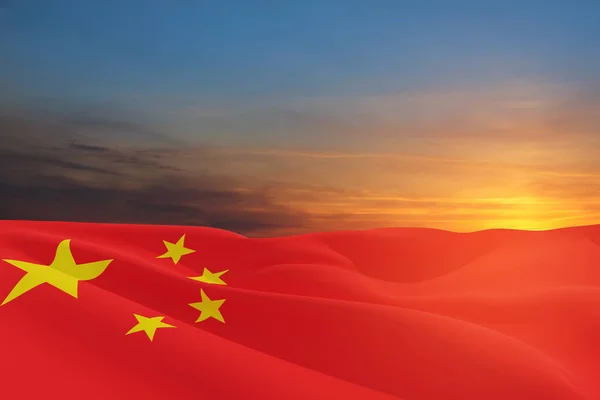 Close up waving flag of China on background of sunset sky. Flag symbols of China. National day of the people\'s republic of China. 1st October.