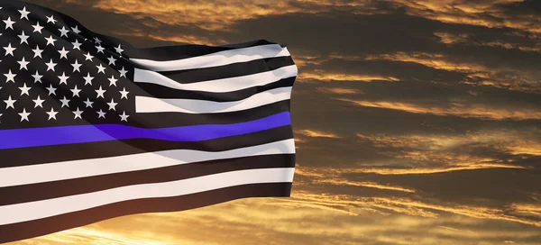 American flag with police support symbol Thin blue line on sunset sky. American police in society as the force which holds back chaos, allowing order and civilization to thrive. Banner.