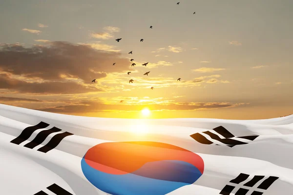 Waving South Korea Flag Sunset Sky Flying Birds Background Place — Stok fotoğraf