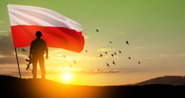 Silhouette of soldier with national flag on background of sunset. Polish Armed Forces. Armed Forces of the Republic of Poland. Polish army.