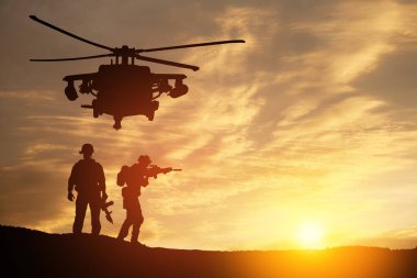 Gün batımının arka planında helikopter ve asker siluetleri. Gaziler Günü için tebrik kartı, Anma Günü, Hava Kuvvetleri Günü. ABD kutlaması.