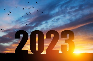 Silhouette 2023 with sunset sky at mountain and number like 2023 abstract background. Concept of start with strategy, win, plan, goal and objective target.
