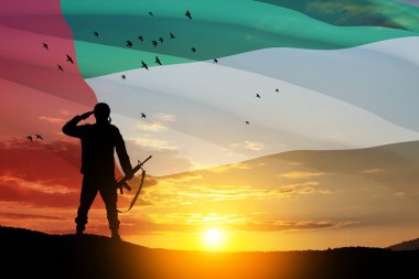 Silhouette of soldier saluting on background of UAE flag and the sunset or the sunrise. Concept of national holidays. Commemoration Day.