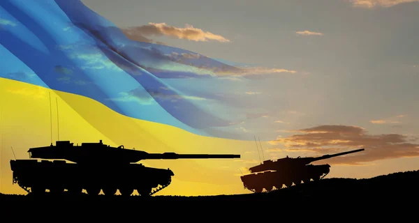 Силуети Військових Танків Заході Неба Українським Прапором Відправлення Величезного Широкомасштабного — стокове фото