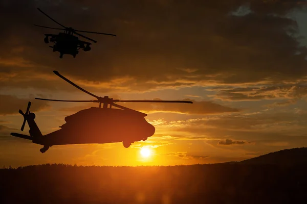 Silhouette Elicotteri Sfondo Tramonto Biglietto Auguri Giorno Dei Veterani Giorno — Foto Stock