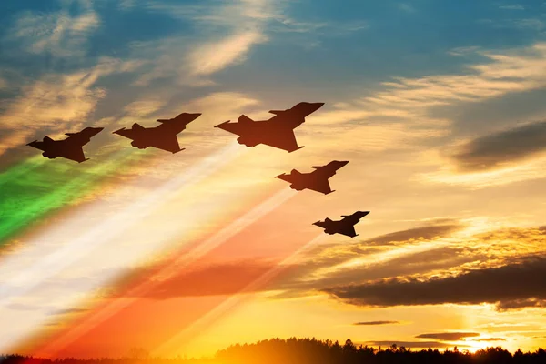 Aircraft Silhouettes Flag Color Trails Background Sunset Air Force Day — Stockfoto