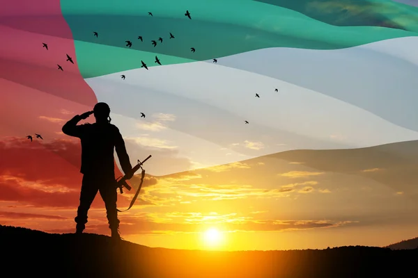 Silueta Vojáka Salutujícího Pozadí Vlajky Sae Západu Slunce Nebo Východu — Stock fotografie