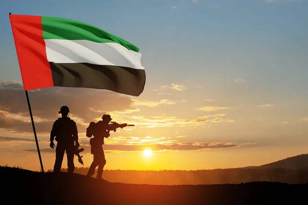 Silhouettes Soldiers Flag Uae Sunset Sunrise Concept National Holidays Commemoration — Foto Stock