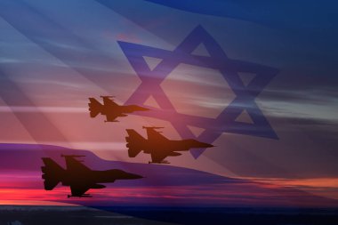 Aircraft silhouettes on background of sunset with a transparent waving Israel flag. Military aircraft. Independence day. Air Force Day.