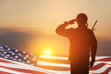 USA army soldier saluting with nation flag on a background of sunset or sunrise. Greeting card for Veterans Day, Memorial Day, Independence Day. America celebration. 3D-rendering.