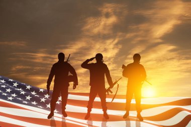 USA army soldiers saluting with nation flag on a background of sunset or sunrise. Greeting card for Veterans Day, Memorial Day, Independence Day. America celebration. 3D-rendering.