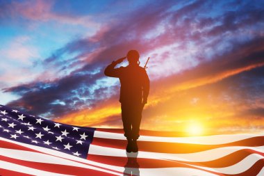 USA army soldier saluting with nation flag on a background of sunset or sunrise. Greeting card for Veterans Day, Memorial Day, Independence Day. America celebration. 3D-rendering.