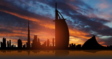 Birleşik Arap Emirlikleri, gün batımında Dubai silueti manzarası. BAE kutlaması. Ulusal Gün, Bayrak Günü, Anma Günü, Şehitler Günü.