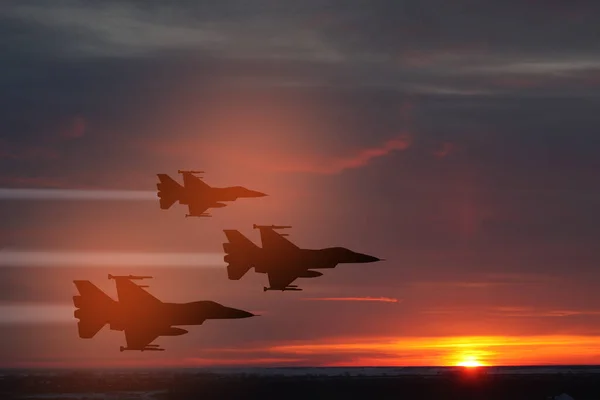 Ημέρα Πολεμικής Αεροπορίας Σκιαγραφίες Αεροσκαφών Στο Φόντο Του Ηλιοβασιλέματος Πτήση — Φωτογραφία Αρχείου