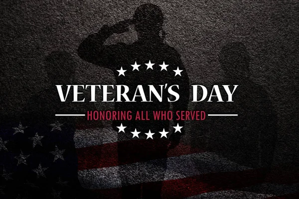 Silhouettes of soldiers saluting with text Veterans Day Honoring All Who Served on black textured background. American holiday typography poster. Banner, flyer, sticker, greeting card, postcard.
