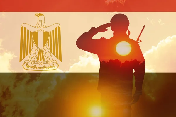 Double Exposure Silhouette Solider Sunset Sunrise Flag Egypt Greeting Card — Photo