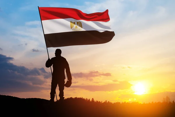 砂漠の日の出に対するエジプトの旗を持つ兵士のシルエット エジプトの武装勢力 独立記念日 記念日 軍隊の日 シナイ解放の日の挨拶カード — ストック写真