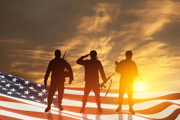 Usa Army Soldiers Saluting Nation Flag Background Sunset Sunrise Greeting — Stock Photo, Image