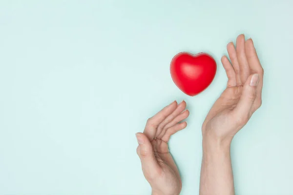 Health Medicine Charity Concept Close Female Hands Small Red Heart — Stock Photo, Image