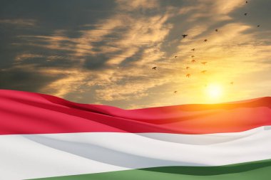 Waving flag of Hungary in sunset sky with flying birds. Independence day, National day. Background with place for your text. 3d-rendering.