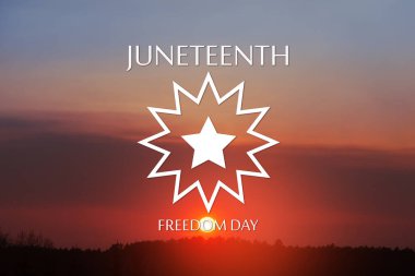 Juneteenth Flag Symbol with sunrise or sunset. Since 1865. Design of Banner with place for text.