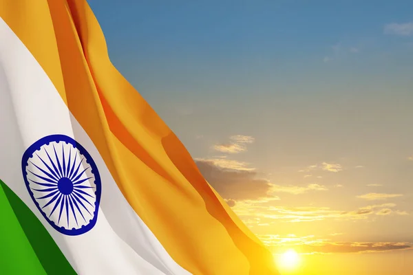 stock image Waving India flag on sunset sky. Background with place for your text. Indian independence day, 15 August. 3d-rendering.