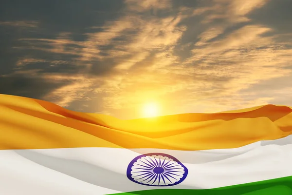 Waving India Flag Sunset Sky Background Place Your Text Indian — Foto Stock