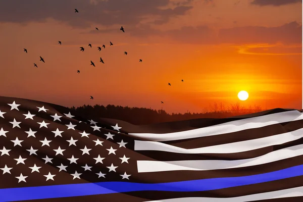 American flag with police support symbol Thin blue line on sunset sky with birds. Police in society as the force which holds back chaos, allowing order and civilization to thrive. 3d-rendering.