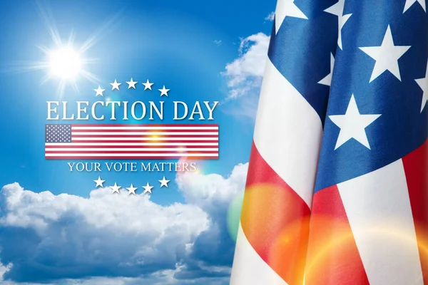 Text Election Day Your Vote Matters with USA Flag on background of blue sky. I voted. Voting in America.