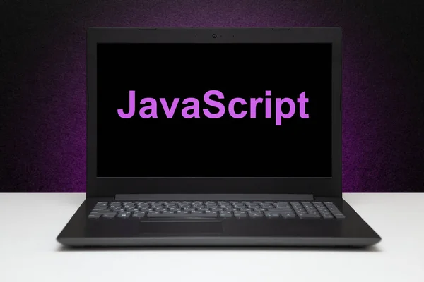 Javascript Text Laptop Screen Textured Black Background Purple Light Learn — Stock Photo, Image