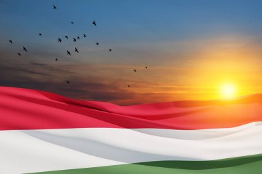 Waving flag of Hungary in sunset sky with flying birds. Independence day, National day. Background with place for your text. 3d-rendering.