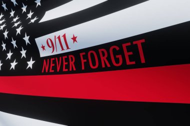 Thin Red Line Firefighter Flag. USA flag. Remembering, memories on fallen firefighters officers on September 11, 2001. Patriot day. Firefighter members honor. 3d image.