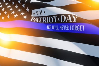 American flag with police support symbol Thin blue line and light spot. Remembering, memories on fallen people on september 11, 2001. Patriot day. 3d image.